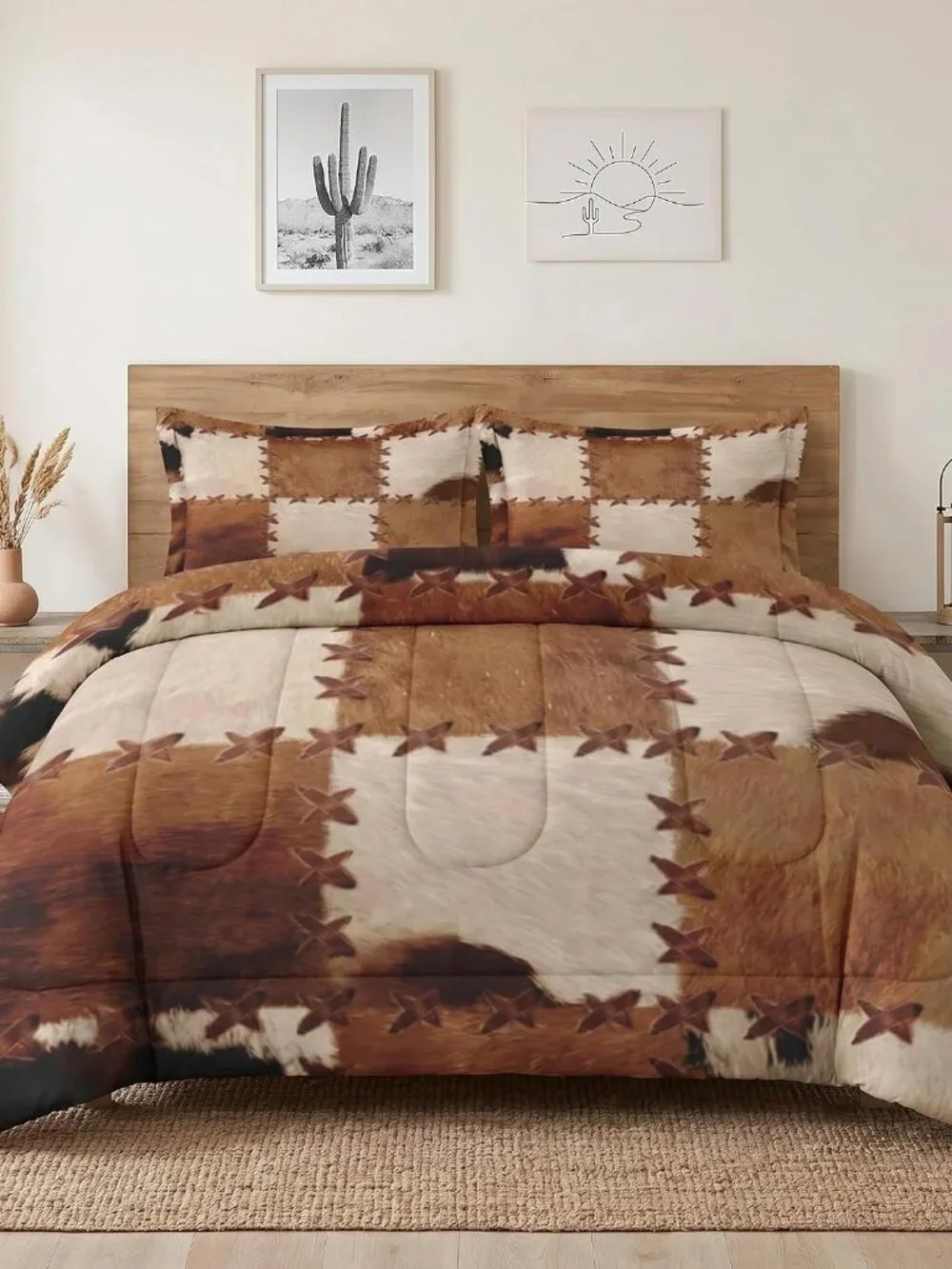 Queen Size Comforter Set with 2 Pillowcases, Retro Vintage Rustic Cow Print Soft